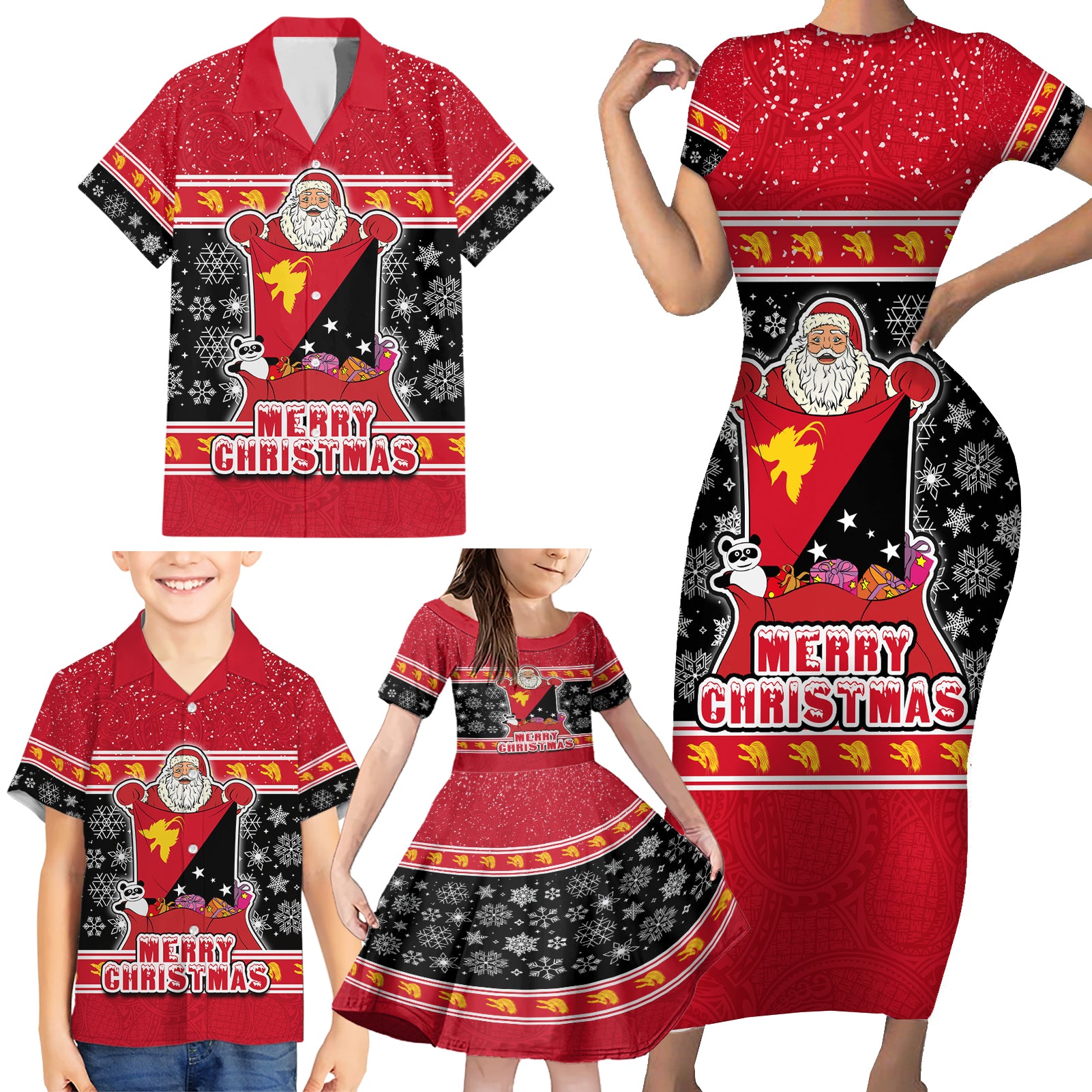 Papua New Guinea Christmas Family Matching Short Sleeve Bodycon Dress and Hawaiian Shirt Santa With Flag Of PNG Polynesian Tribal Xmas Vibe LT03 - Polynesian Pride