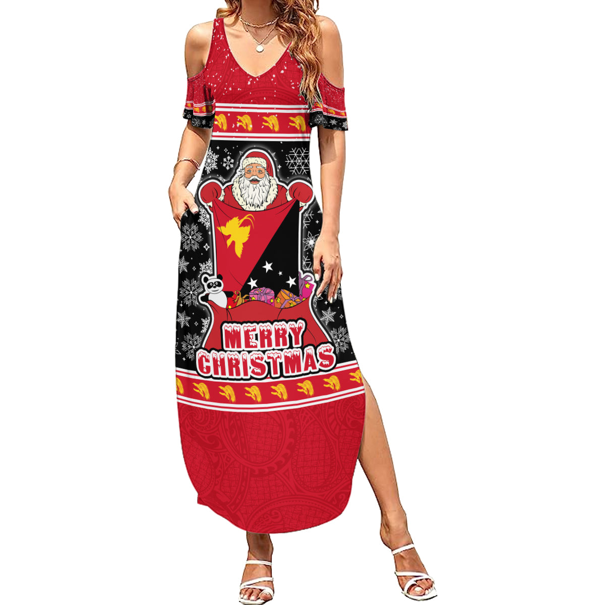 Papua New Guinea Christmas Family Matching Summer Maxi Dress and Hawaiian Shirt Santa With Flag Of PNG Polynesian Tribal Xmas Vibe LT03 Mom's Dress Red - Polynesian Pride