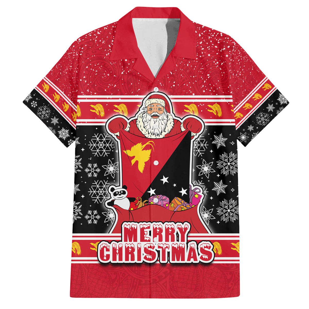 Papua New Guinea Christmas Family Matching Tank Maxi Dress and Hawaiian Shirt Santa With Flag Of PNG Polynesian Tribal Xmas Vibe LT03 Dad's Shirt - Short Sleeve Red - Polynesian Pride