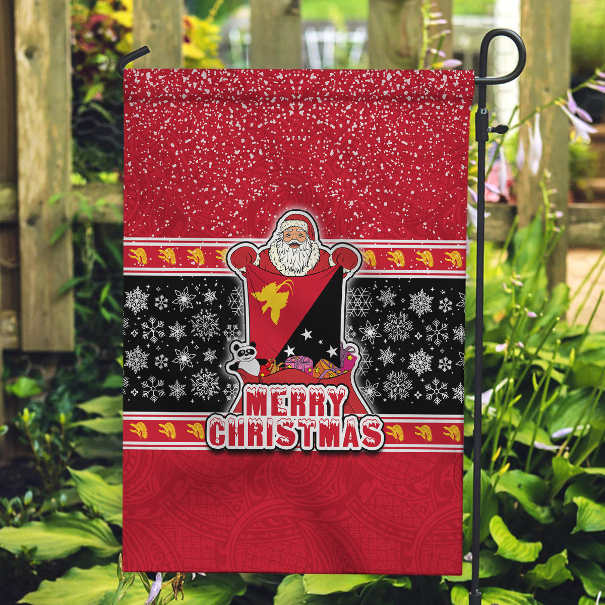 Papua New Guinea Christmas Garden Flag Santa With Flag Of PNG Polynesian Tribal Xmas Vibe LT03 Garden Flag Red - Polynesian Pride