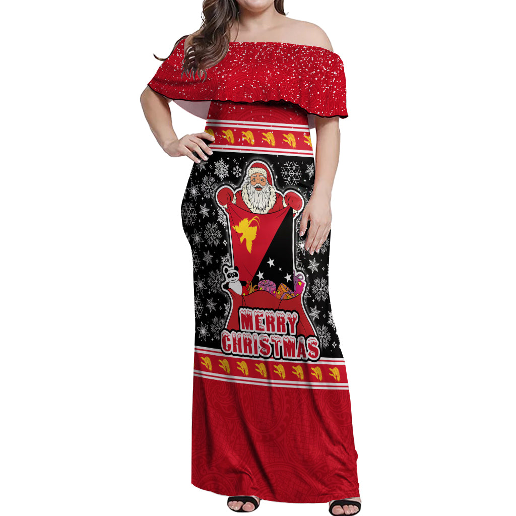 Papua New Guinea Christmas Off Shoulder Maxi Dress Santa With Flag Of PNG Polynesian Tribal Xmas Vibe LT03 Women Red - Polynesian Pride