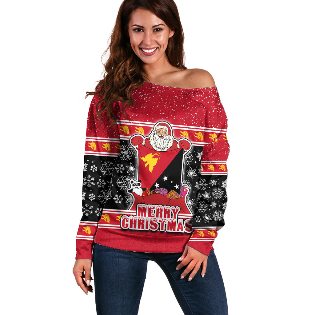 Papua New Guinea Christmas Off Shoulder Sweater Santa With Flag Of PNG Polynesian Tribal Xmas Vibe LT03 Women Red - Polynesian Pride