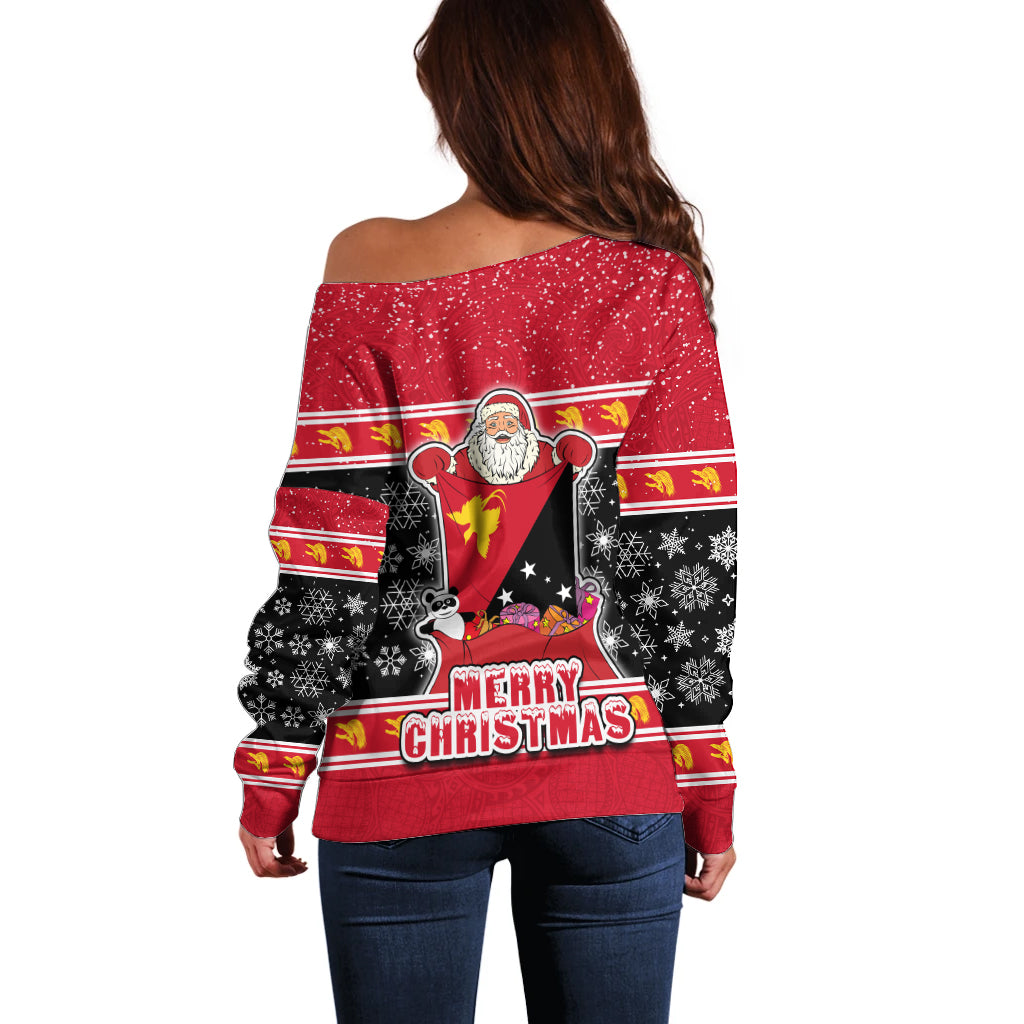Papua New Guinea Christmas Off Shoulder Sweater Santa With Flag Of PNG Polynesian Tribal Xmas Vibe LT03 - Polynesian Pride