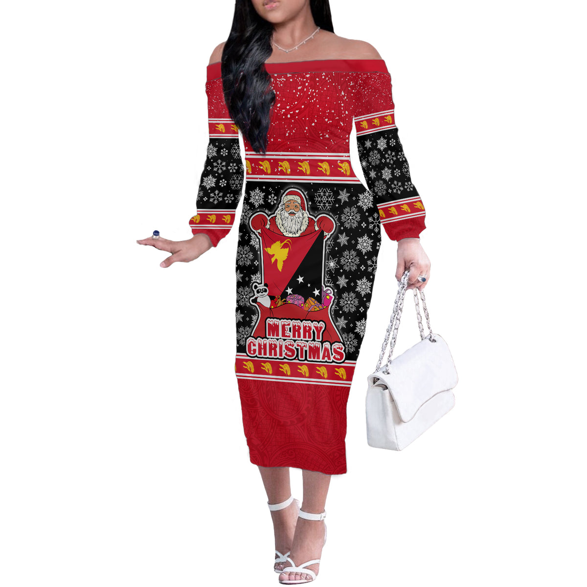 Papua New Guinea Christmas Off The Shoulder Long Sleeve Dress Santa With Flag Of PNG Polynesian Tribal Xmas Vibe LT03 Women Red - Polynesian Pride