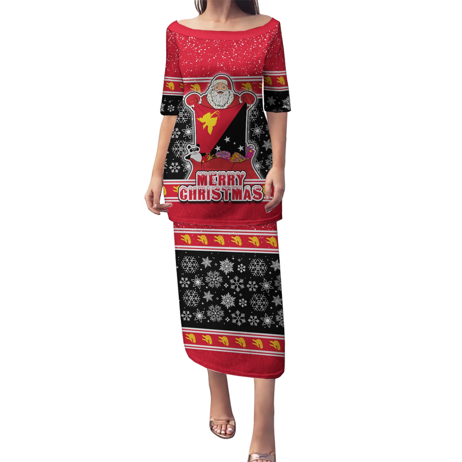 Papua New Guinea Christmas Puletasi Santa With Flag Of PNG Polynesian Tribal Xmas Vibe LT03 Long Dress Red - Polynesian Pride