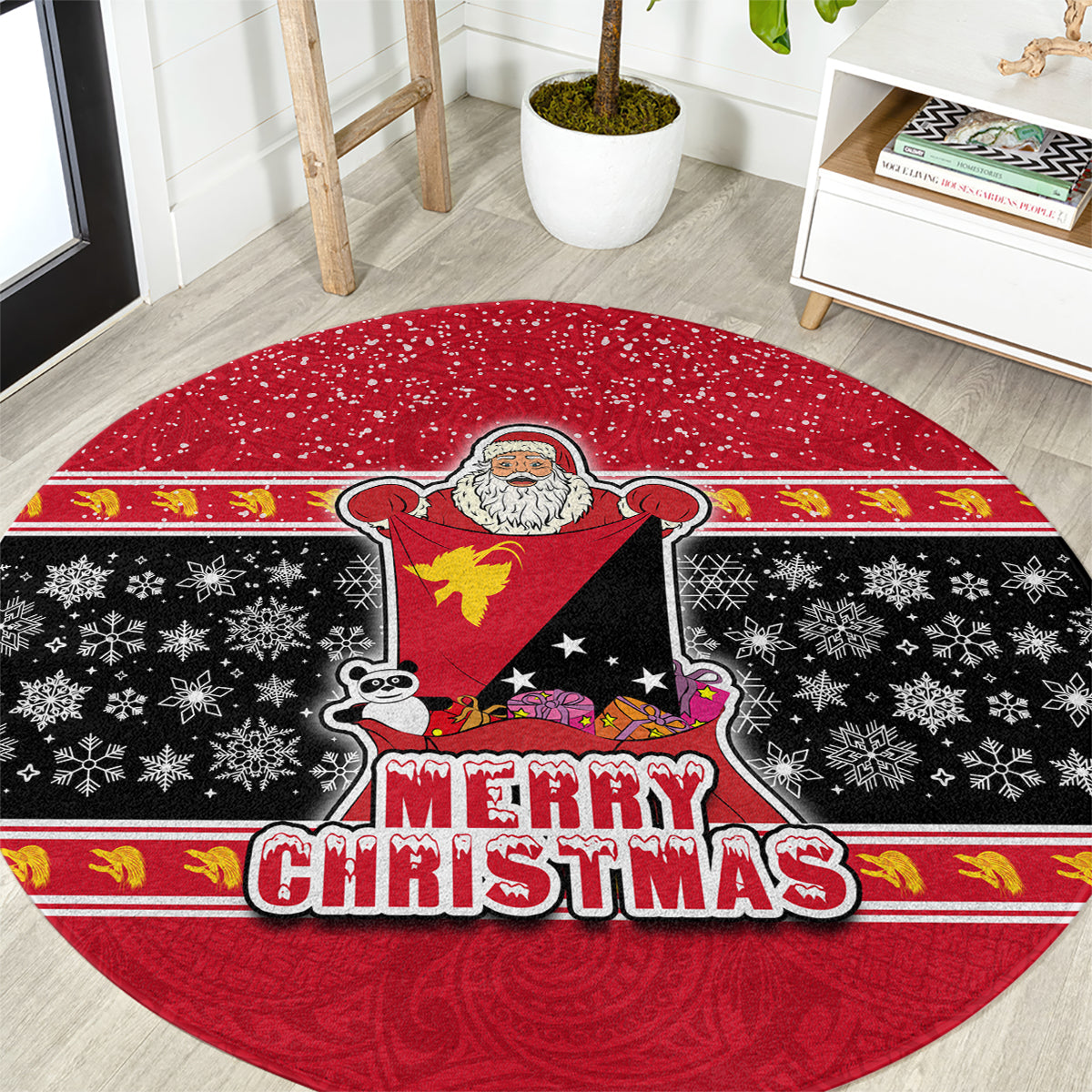 Papua New Guinea Christmas Round Carpet Santa With Flag Of PNG Polynesian Tribal Xmas Vibe LT03 Red - Polynesian Pride