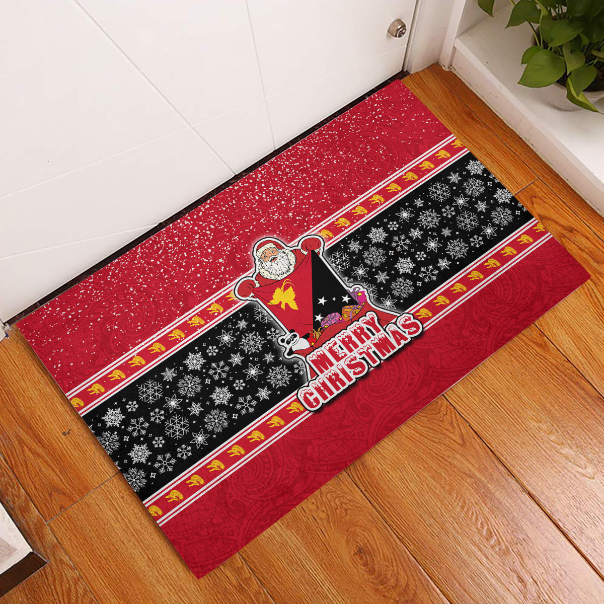 Papua New Guinea Christmas Rubber Doormat Santa With Flag Of PNG Polynesian Tribal Xmas Vibe LT03 Red - Polynesian Pride