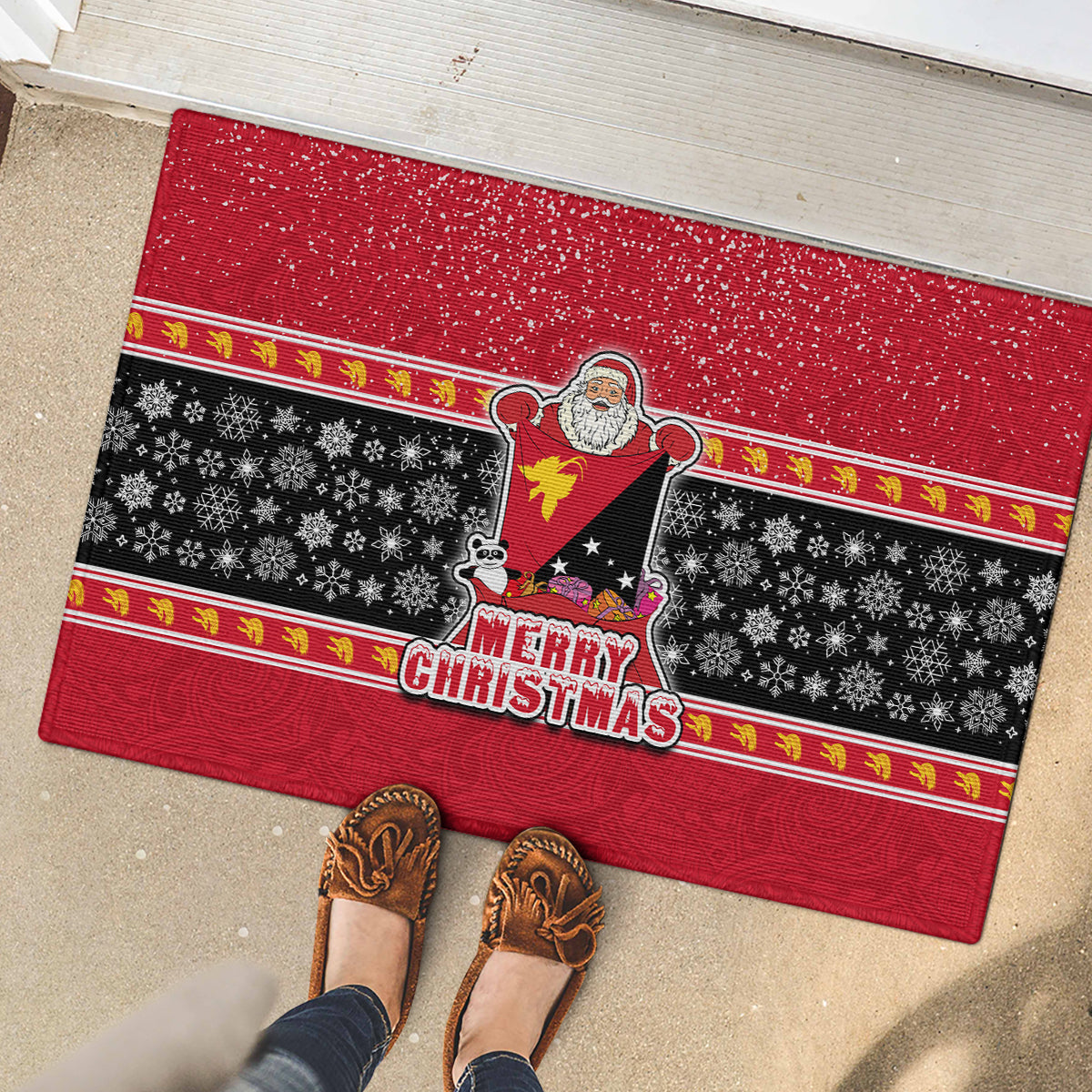 Papua New Guinea Christmas Rubber Doormat Santa With Flag Of PNG Polynesian Tribal Xmas Vibe LT03 - Polynesian Pride