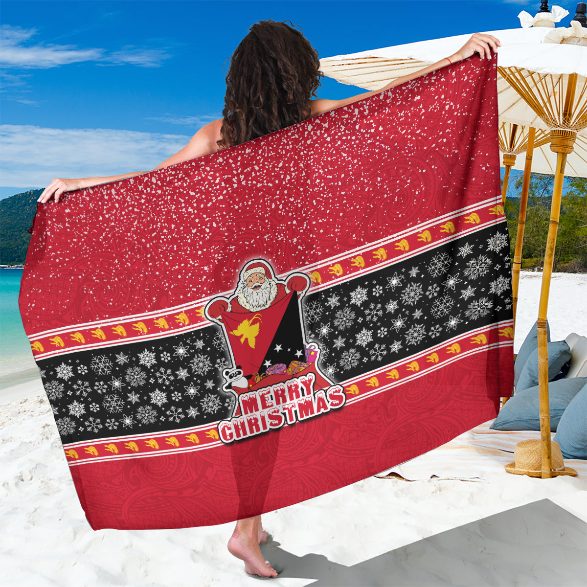 Papua New Guinea Christmas Sarong Santa With Flag Of PNG Polynesian Tribal Xmas Vibe LT03 One Size 44 x 66 inches Red - Polynesian Pride