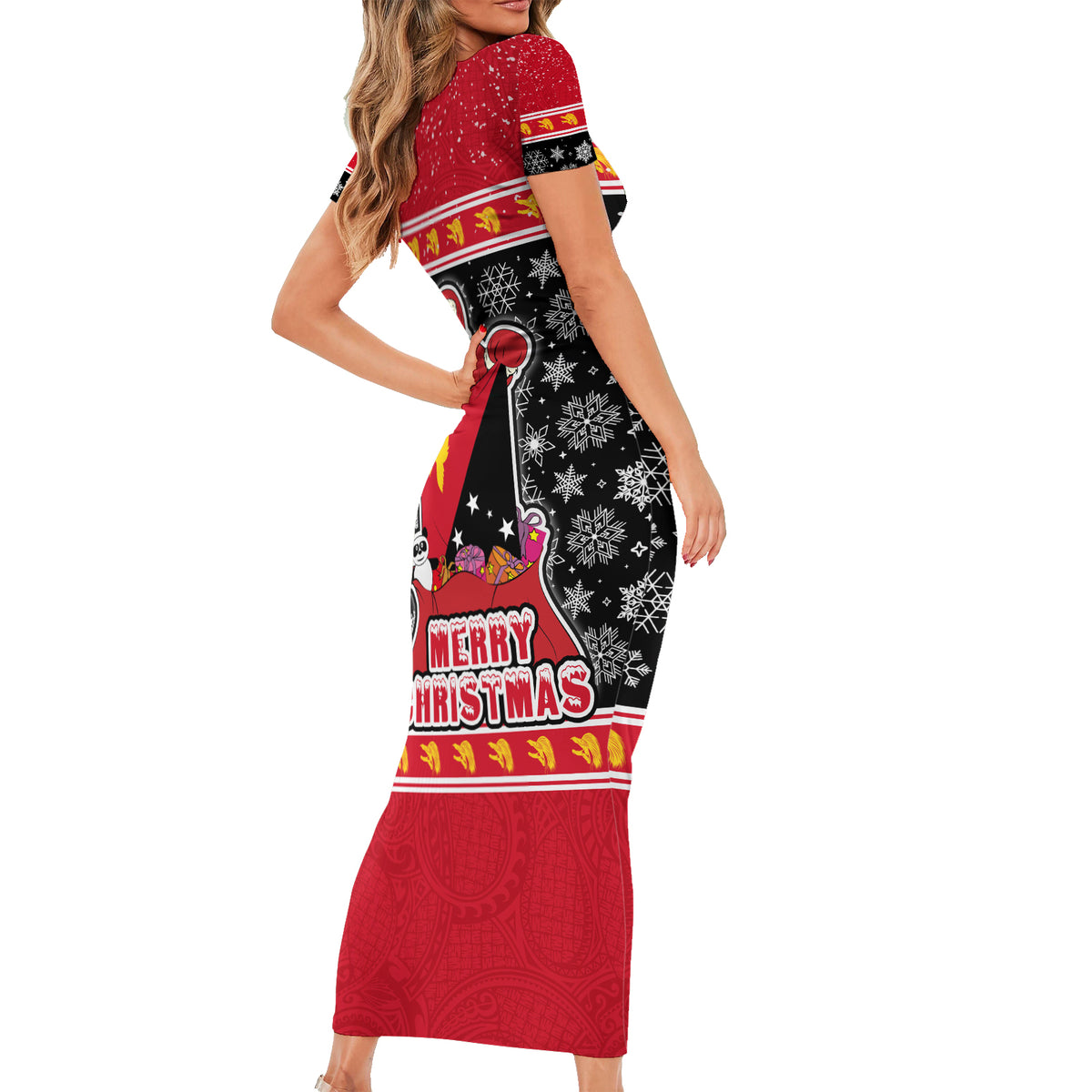 Papua New Guinea Christmas Short Sleeve Bodycon Dress Santa With Flag Of PNG Polynesian Tribal Xmas Vibe LT03 - Polynesian Pride