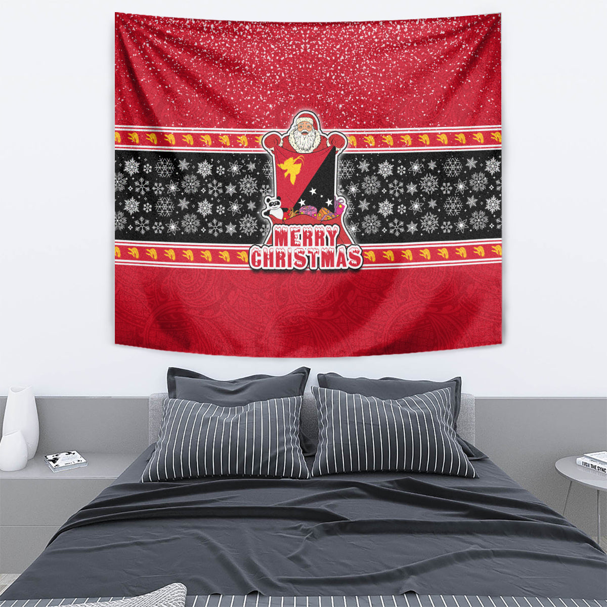 Papua New Guinea Christmas Tapestry Santa With Flag Of PNG Polynesian Tribal Xmas Vibe LT03 - Polynesian Pride