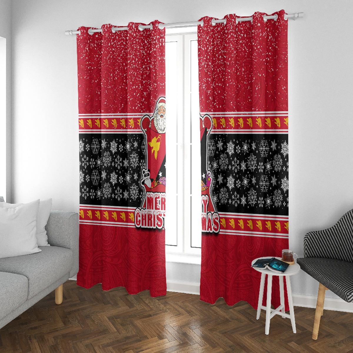 Papua New Guinea Christmas Window Curtain Santa With Flag Of PNG Polynesian Tribal Xmas Vibe LT03 - Polynesian Pride