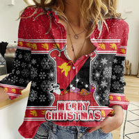 Papua New Guinea Christmas Women Casual Shirt Santa With Flag Of PNG Polynesian Tribal Xmas Vibe LT03 Female Red - Polynesian Pride