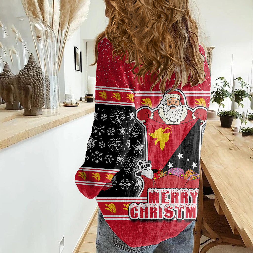 Papua New Guinea Christmas Women Casual Shirt Santa With Flag Of PNG Polynesian Tribal Xmas Vibe LT03 - Polynesian Pride