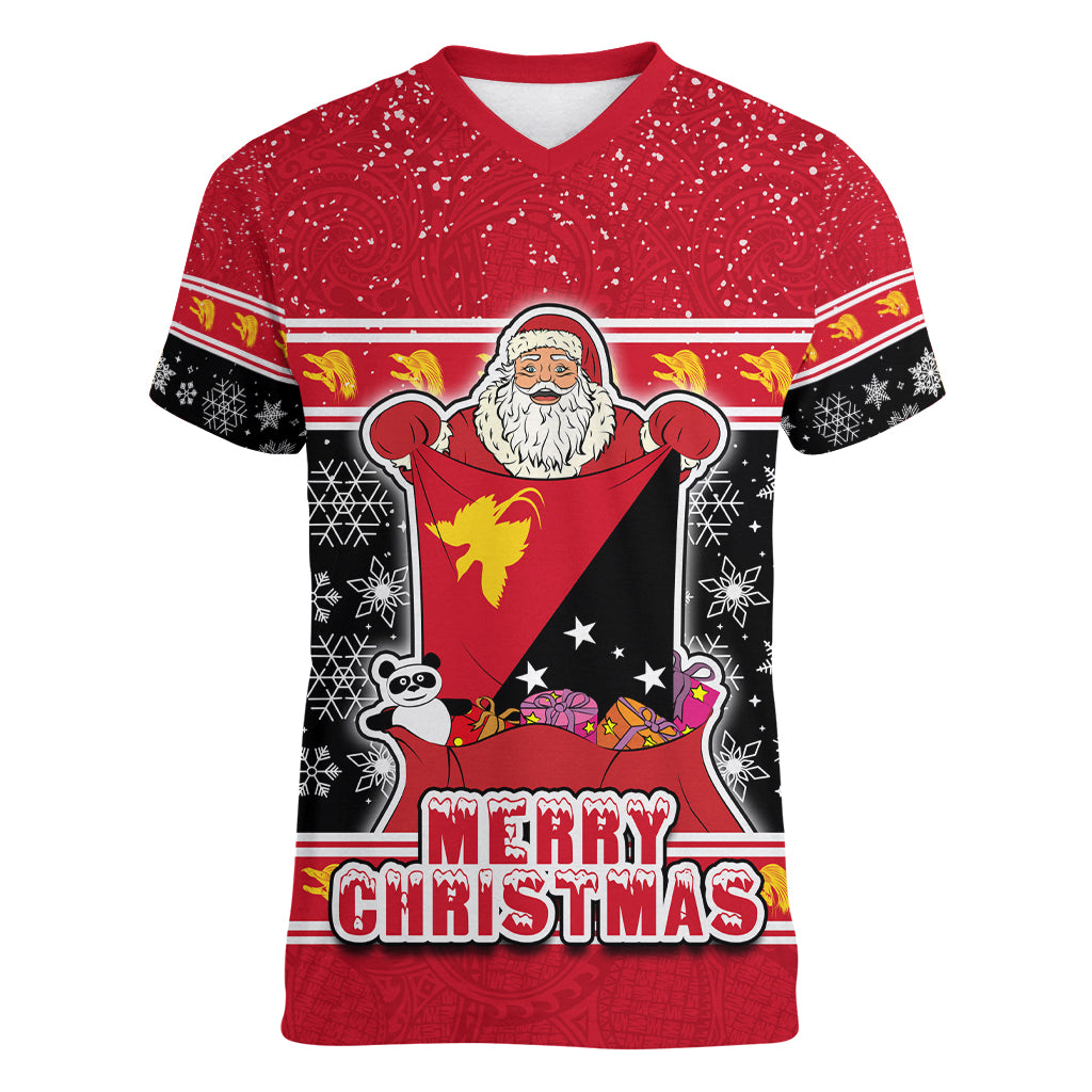 Papua New Guinea Christmas Women V Neck T Shirt Santa With Flag Of PNG Polynesian Tribal Xmas Vibe LT03 Female Red - Polynesian Pride