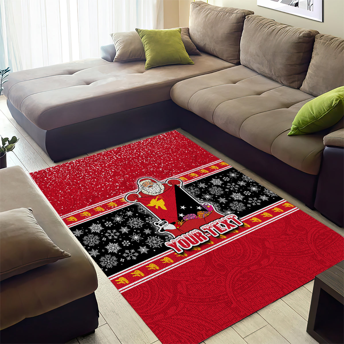 Custom Papua New Guinea Christmas Area Rug Santa With Flag Of PNG Polynesian Tribal Xmas Vibe LT03 - Polynesian Pride