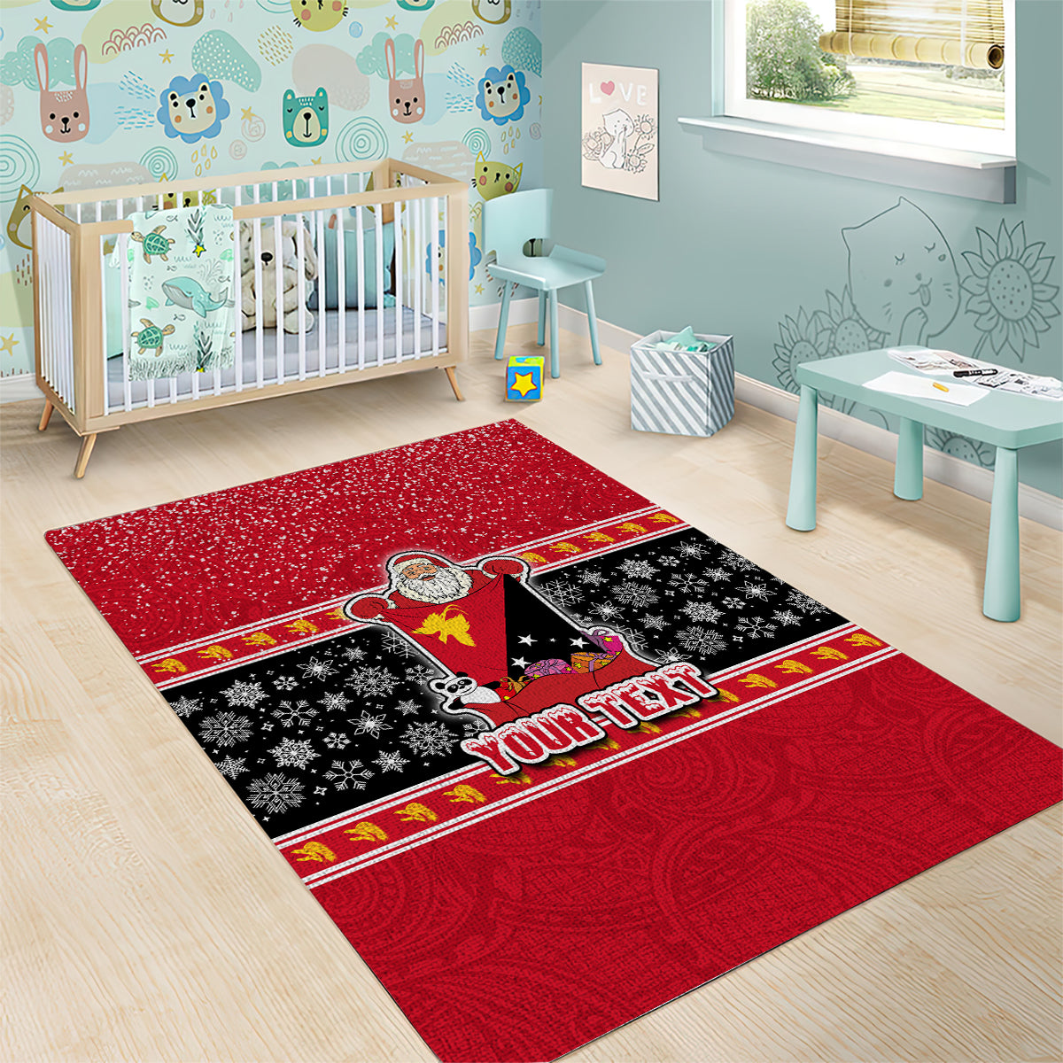 Custom Papua New Guinea Christmas Area Rug Santa With Flag Of PNG Polynesian Tribal Xmas Vibe LT03 - Polynesian Pride