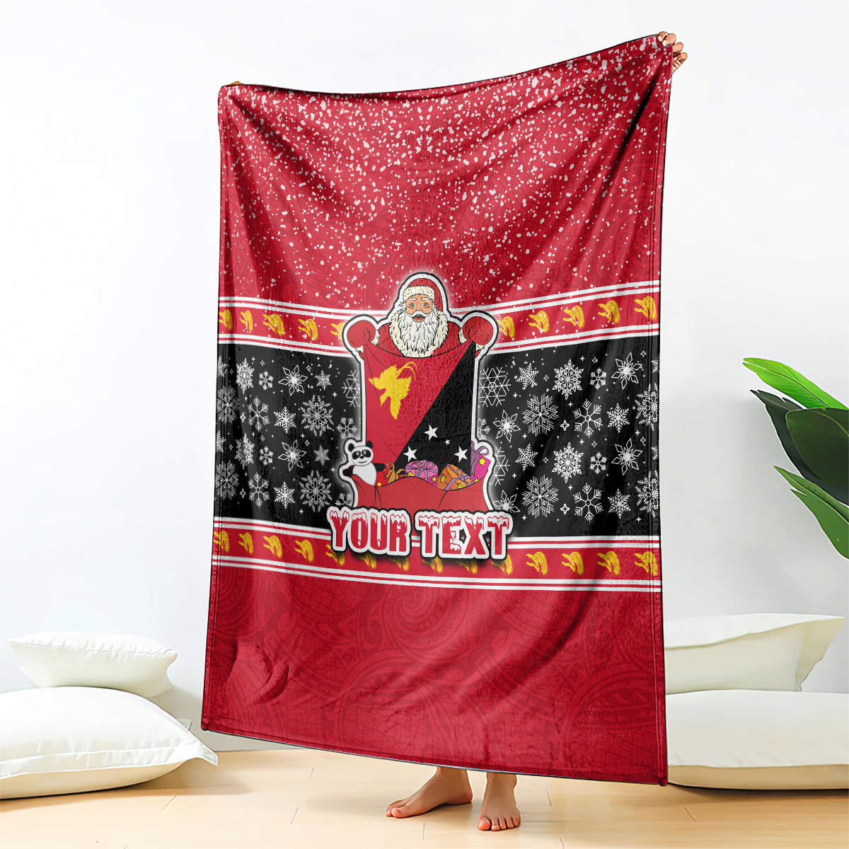 Custom Papua New Guinea Christmas Blanket Santa With Flag Of PNG Polynesian Tribal Xmas Vibe LT03 Red - Polynesian Pride