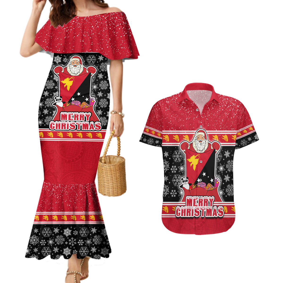 Custom Papua New Guinea Christmas Couples Matching Mermaid Dress and Hawaiian Shirt Santa With Flag Of PNG Polynesian Tribal Xmas Vibe LT03 Red - Polynesian Pride