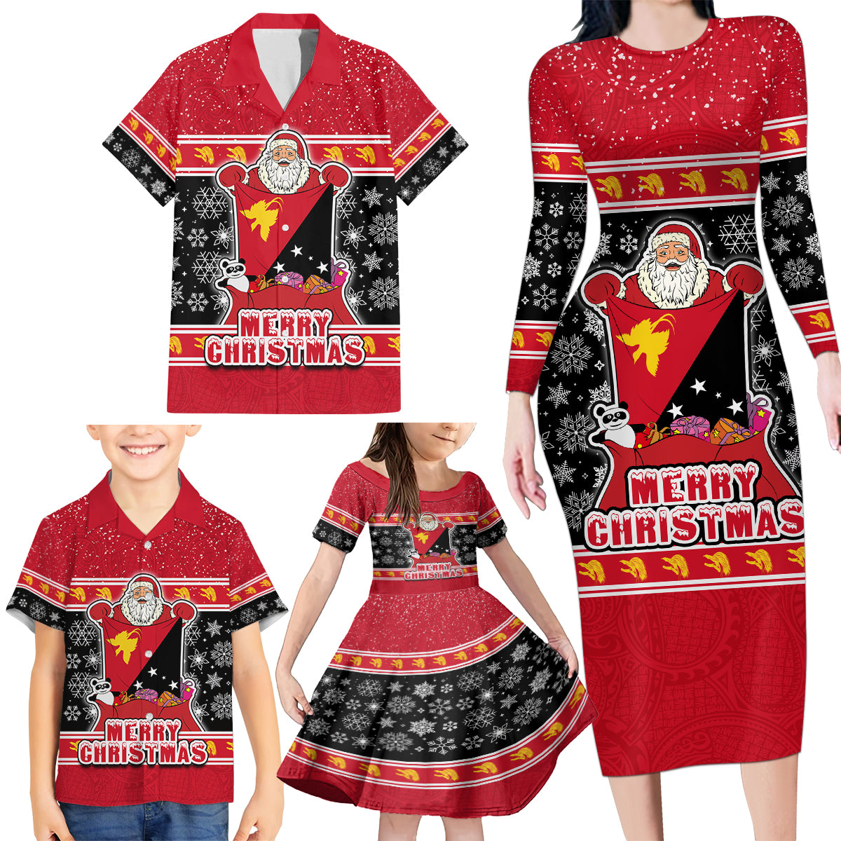 Custom Papua New Guinea Christmas Family Matching Long Sleeve Bodycon Dress and Hawaiian Shirt Santa With Flag Of PNG Polynesian Tribal Xmas Vibe LT03 - Polynesian Pride