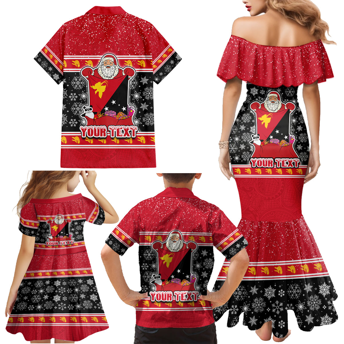Custom Papua New Guinea Christmas Family Matching Mermaid Dress and Hawaiian Shirt Santa With Flag Of PNG Polynesian Tribal Xmas Vibe LT03 - Polynesian Pride
