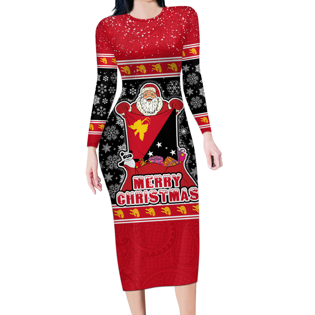 Custom Papua New Guinea Christmas Long Sleeve Bodycon Dress Santa With Flag Of PNG Polynesian Tribal Xmas Vibe LT03 Long Dress Red - Polynesian Pride