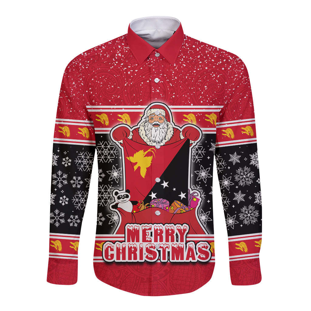 Custom Papua New Guinea Christmas Long Sleeve Button Shirt Santa With Flag Of PNG Polynesian Tribal Xmas Vibe LT03 Unisex Red - Polynesian Pride