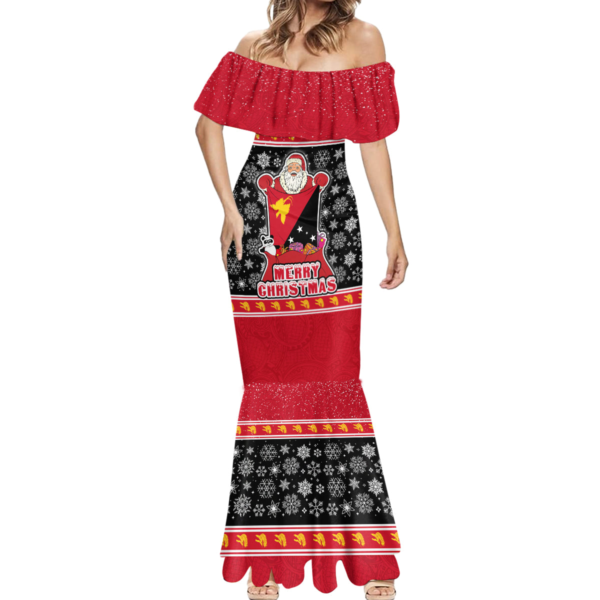 Custom Papua New Guinea Christmas Mermaid Dress Santa With Flag Of PNG Polynesian Tribal Xmas Vibe LT03 - Polynesian Pride