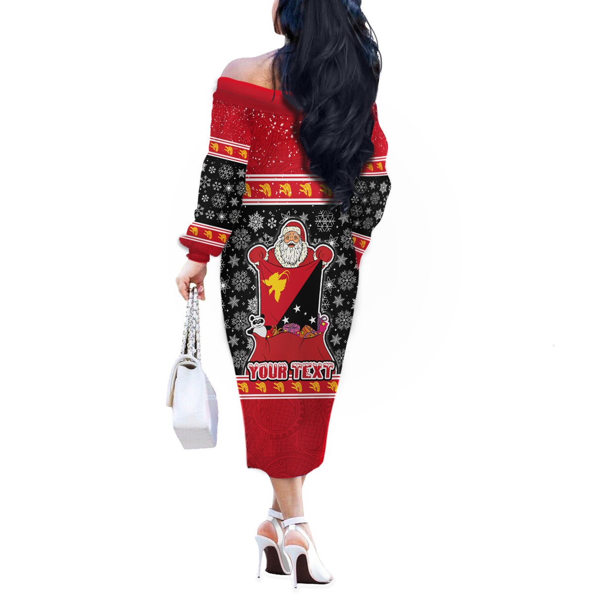 Custom Papua New Guinea Christmas Off The Shoulder Long Sleeve Dress Santa With Flag Of PNG Polynesian Tribal Xmas Vibe LT03 - Polynesian Pride