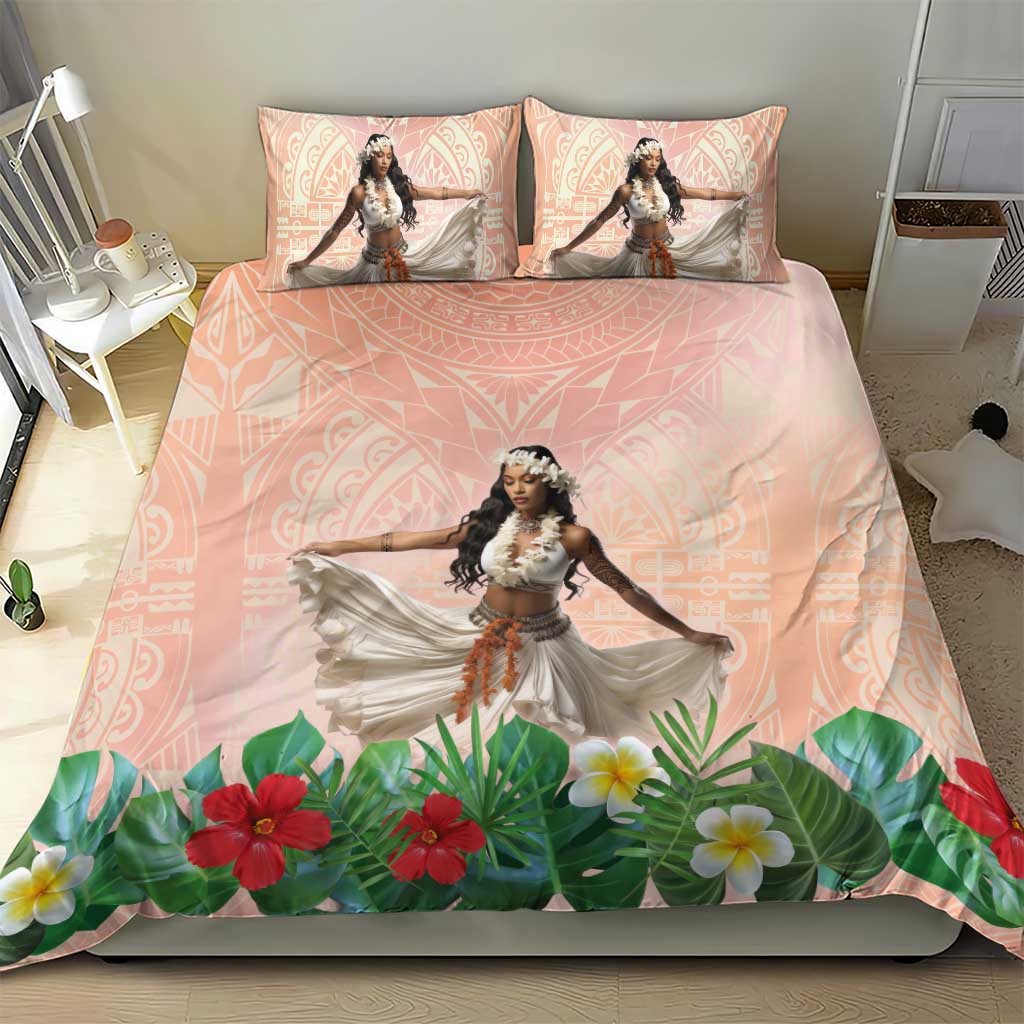 Woman Polynesian Tattoos Bedding Set Tropical Flower - Peach Fuzz Color