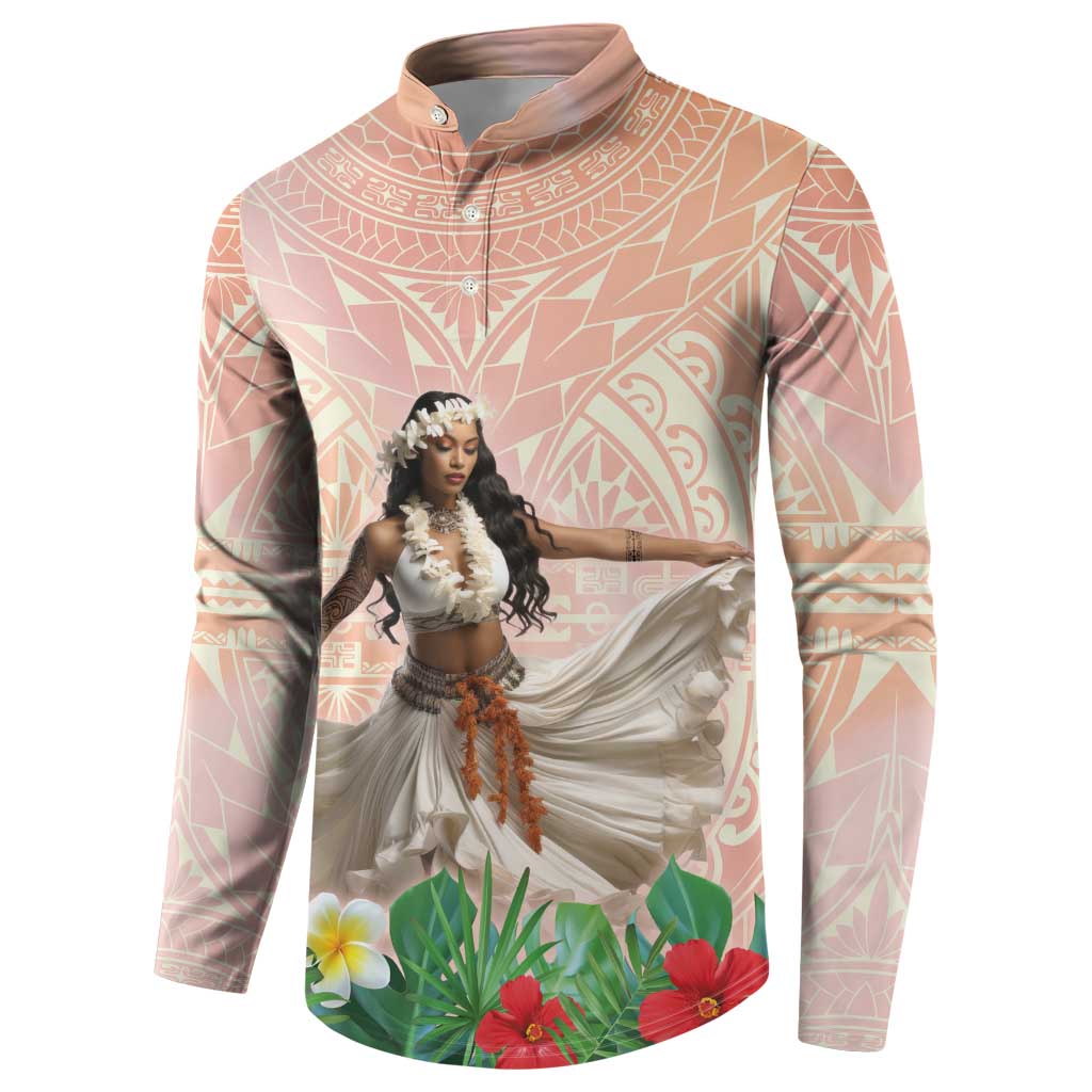 Woman Polynesian Tattoos Button Sweatshirt Tropical Flower - Peach Fuzz Color LT03 - Polynesian Pride