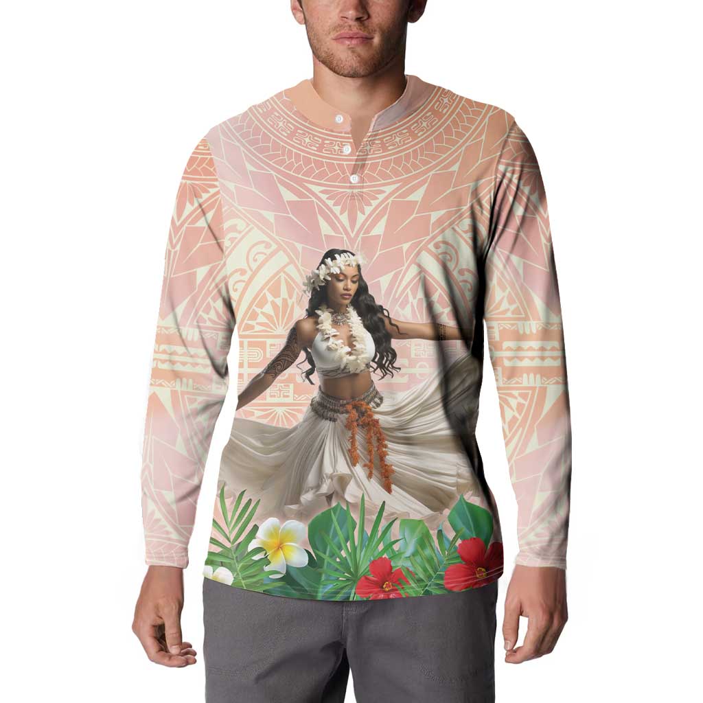 Woman Polynesian Tattoos Button Sweatshirt Tropical Flower - Peach Fuzz Color LT03 - Polynesian Pride