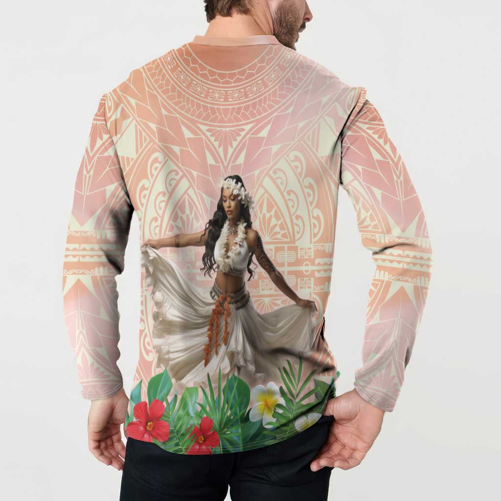 Woman Polynesian Tattoos Button Sweatshirt Tropical Flower - Peach Fuzz Color LT03 - Polynesian Pride