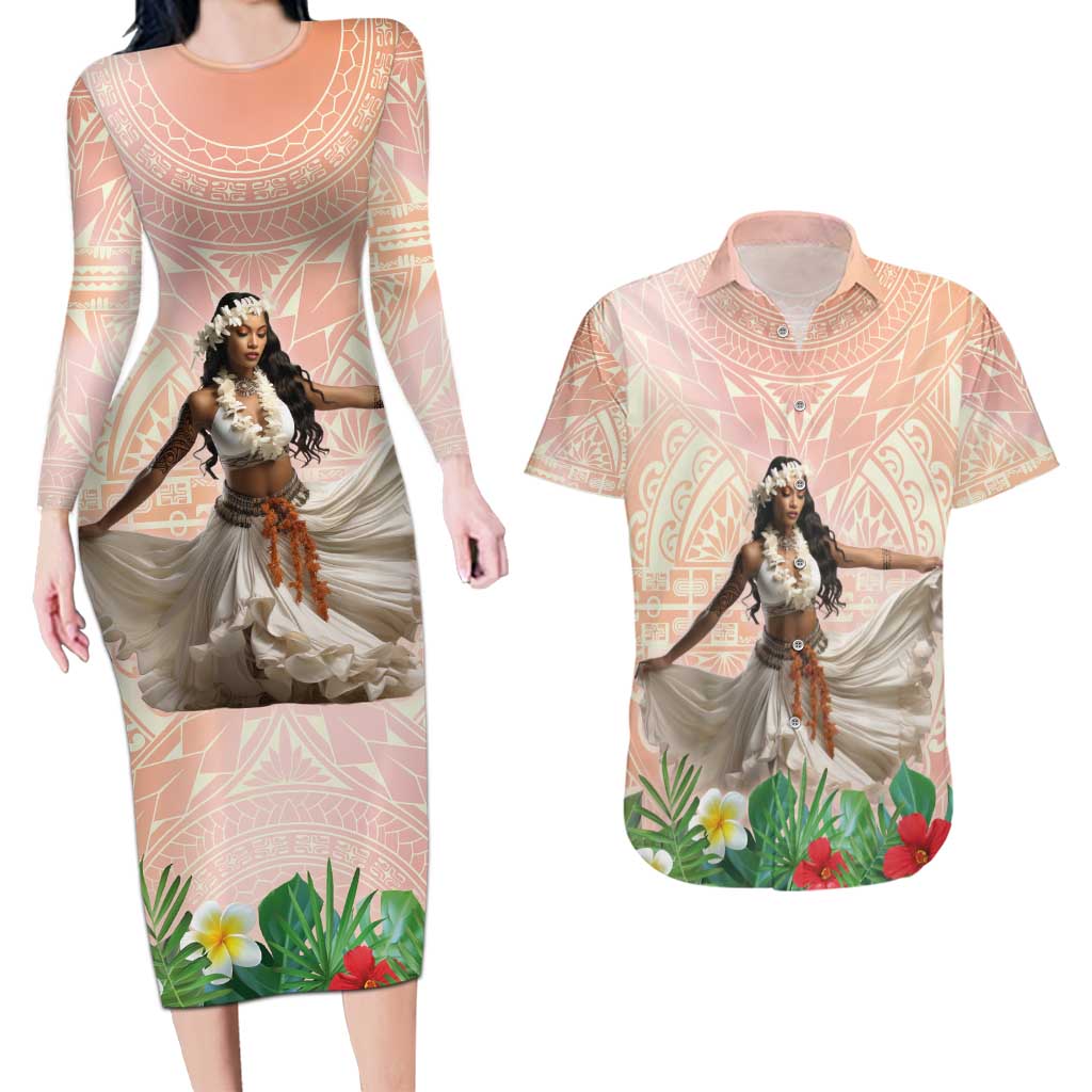 Woman Polynesian Tattoos Couples Matching Long Sleeve Bodycon Dress and Hawaiian Shirt Tropical Flower - Peach Fuzz Color