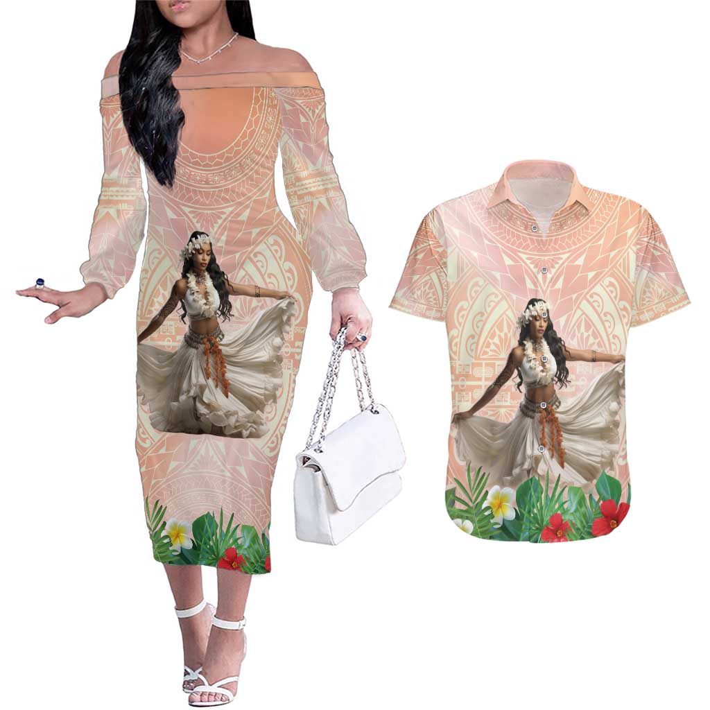 Woman Polynesian Tattoos Couples Matching Off The Shoulder Long Sleeve Dress and Hawaiian Shirt Tropical Flower - Peach Fuzz Color