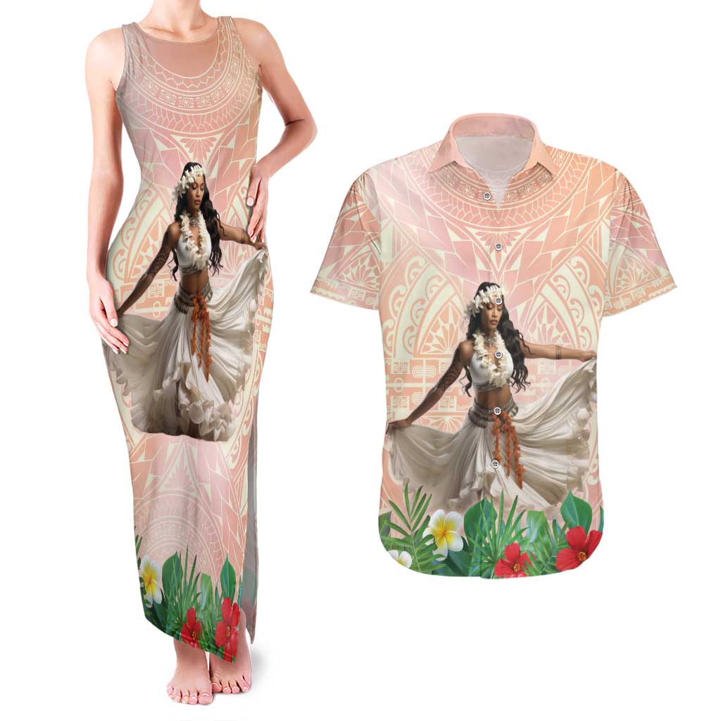 Woman Polynesian Tattoos Couples Matching Tank Maxi Dress and Hawaiian Shirt Tropical Flower - Peach Fuzz Color