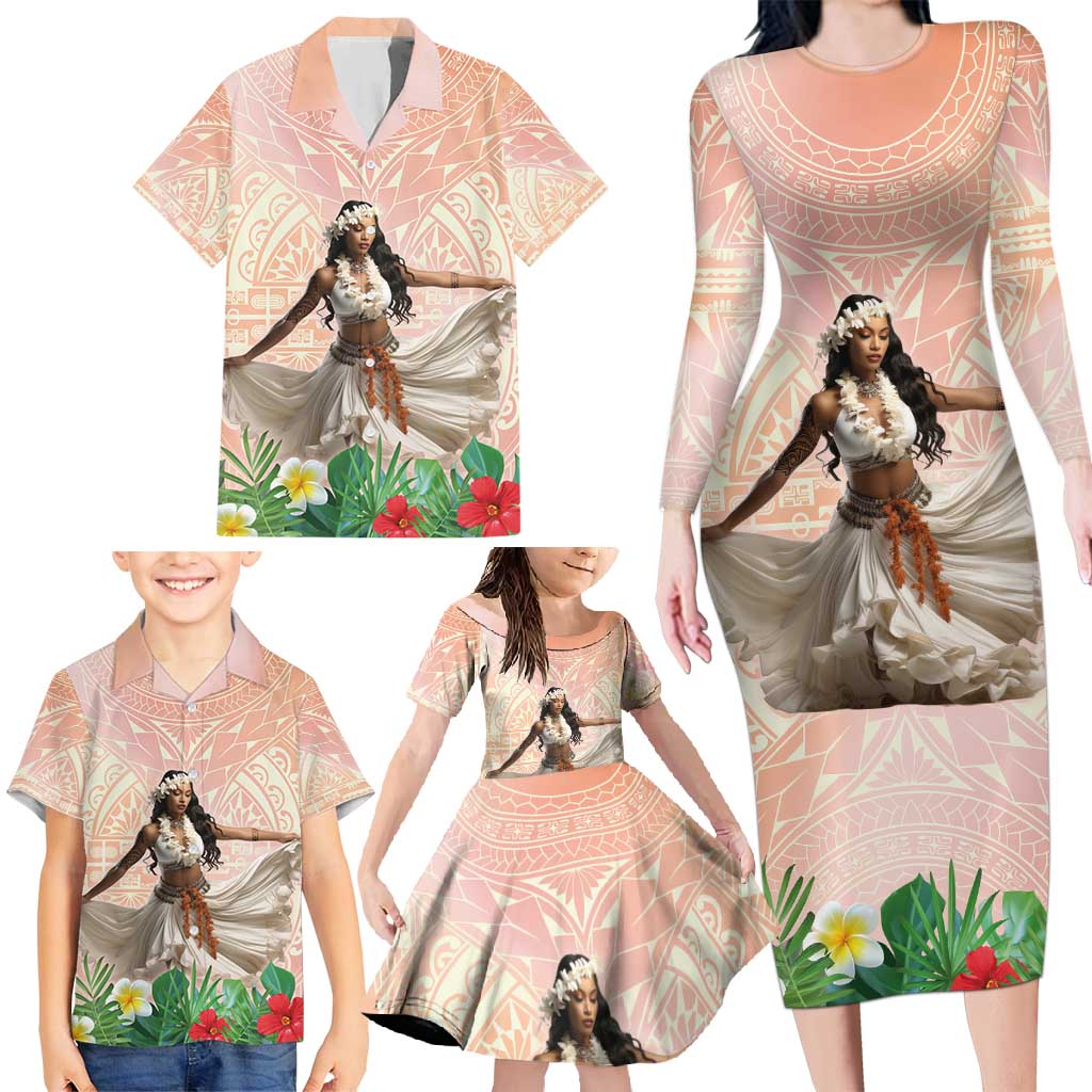 Woman Polynesian Tattoos Family Matching Long Sleeve Bodycon Dress and Hawaiian Shirt Tropical Flower - Peach Fuzz Color