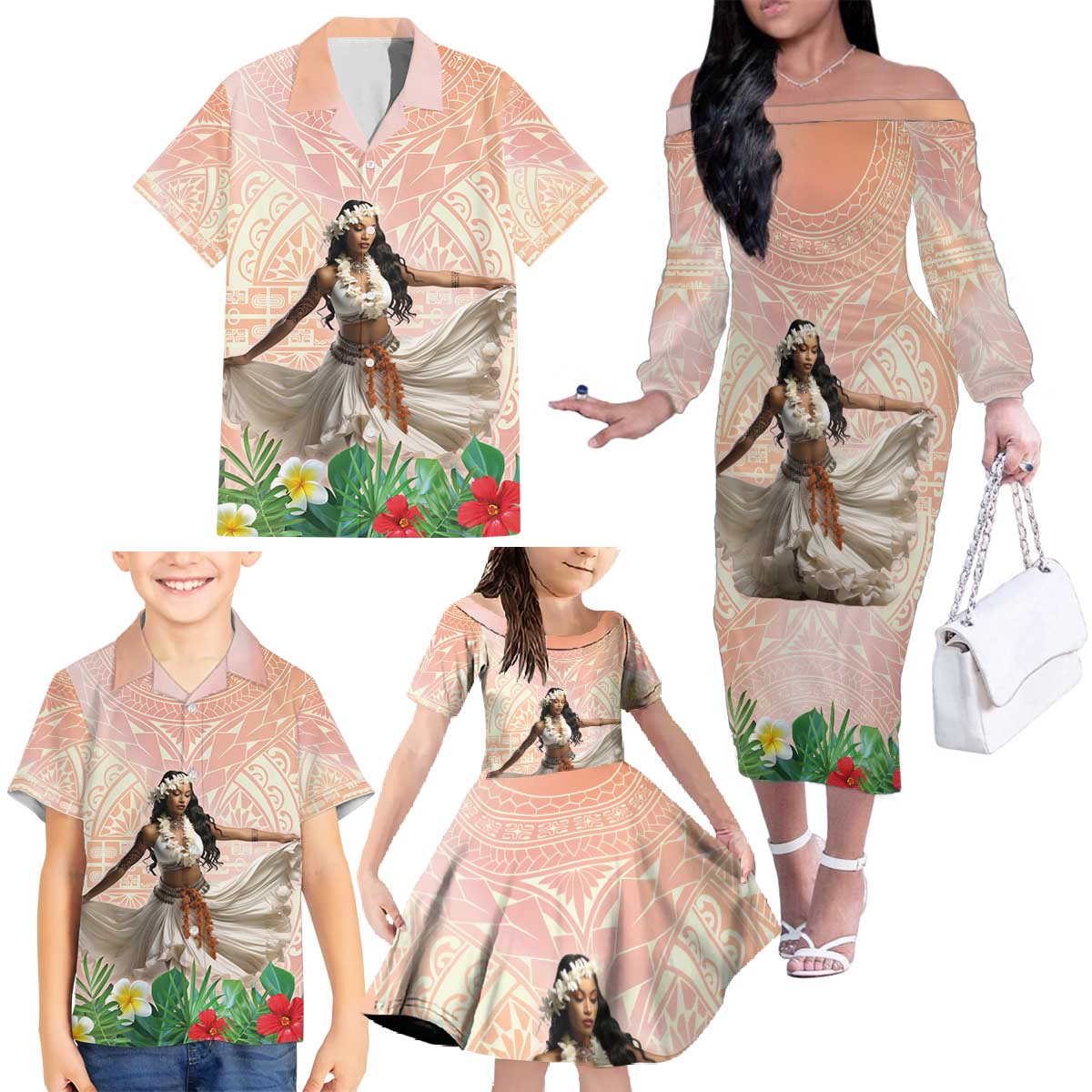 Woman Polynesian Tattoos Family Matching Off The Shoulder Long Sleeve Dress and Hawaiian Shirt Tropical Flower - Peach Fuzz Color