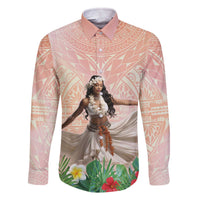 Woman Polynesian Tattoos Family Matching Off The Shoulder Long Sleeve Dress and Hawaiian Shirt Tropical Flower - Peach Fuzz Color