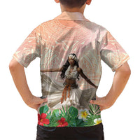 Woman Polynesian Tattoos Family Matching Off Shoulder Maxi Dress and Hawaiian Shirt Tropical Flower - Peach Fuzz Color