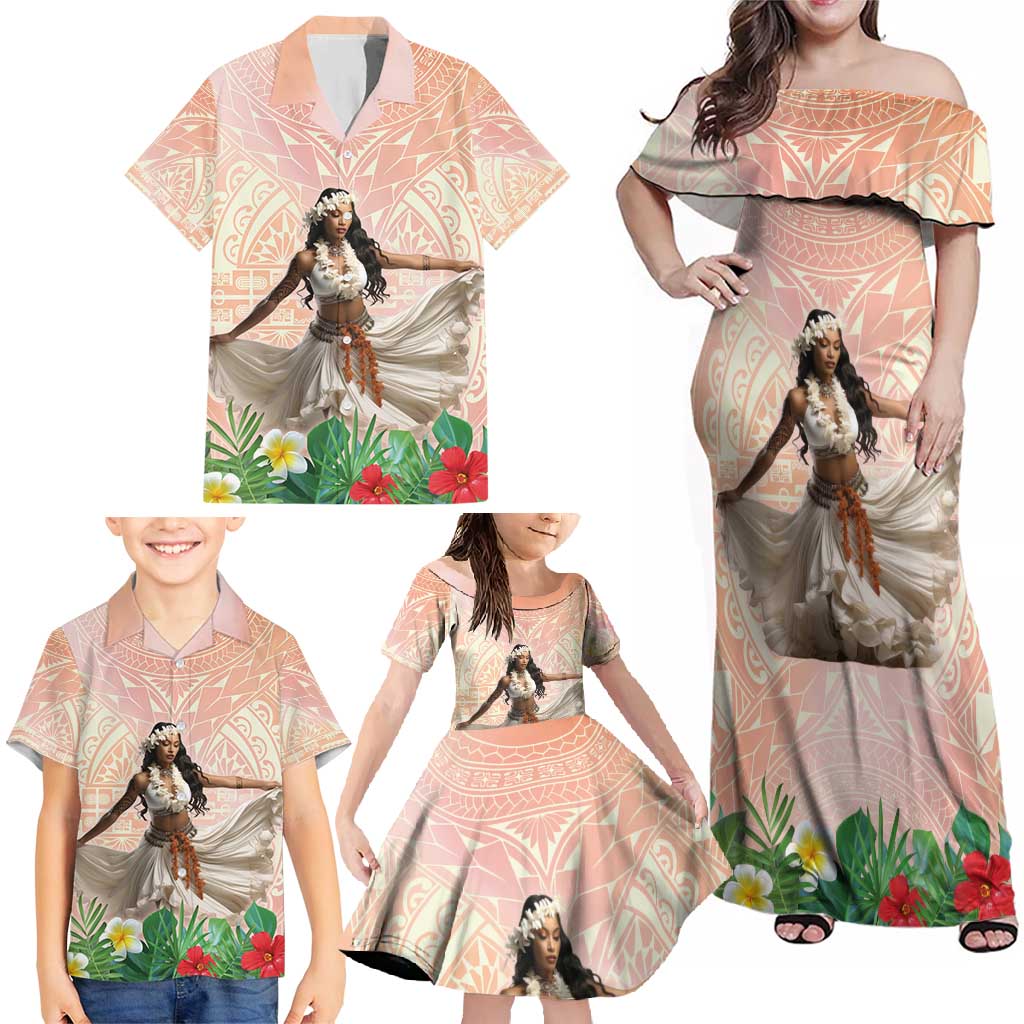 Woman Polynesian Tattoos Family Matching Off Shoulder Maxi Dress and Hawaiian Shirt Tropical Flower - Peach Fuzz Color