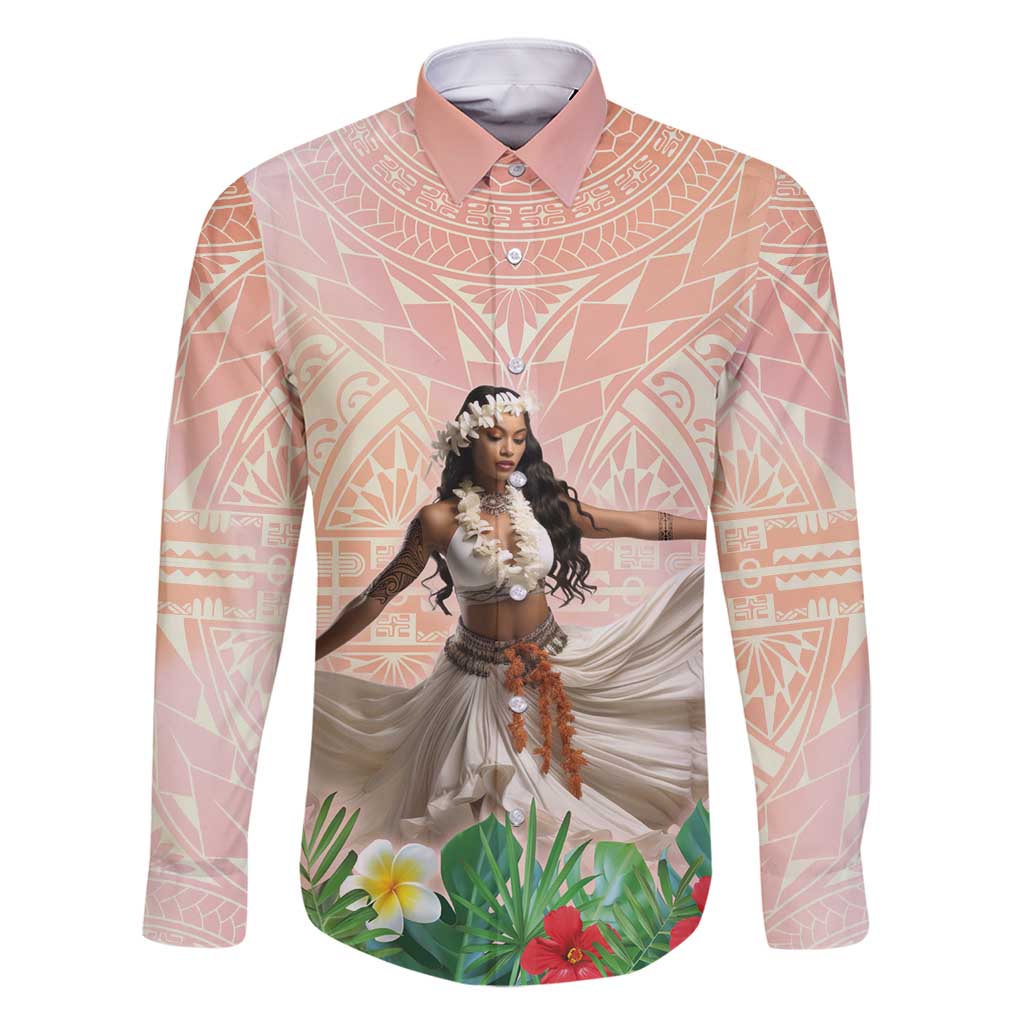 Woman Polynesian Tattoos Family Matching Off Shoulder Maxi Dress and Hawaiian Shirt Tropical Flower - Peach Fuzz Color
