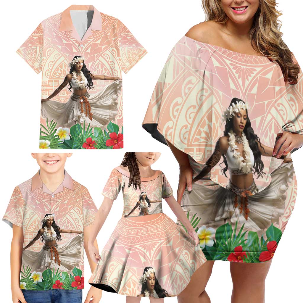 Woman Polynesian Tattoos Family Matching Off Shoulder Short Dress and Hawaiian Shirt Tropical Flower - Peach Fuzz Color