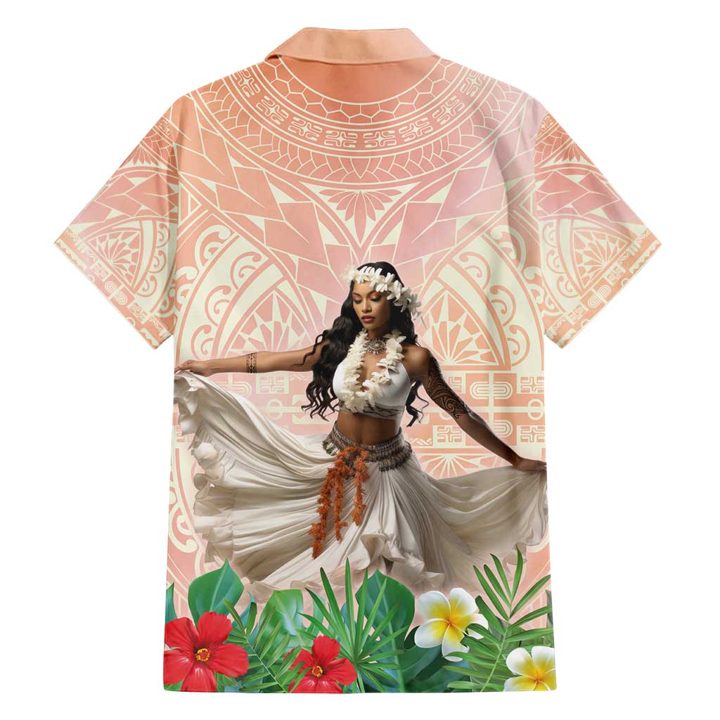 Woman Polynesian Tattoos Family Matching Puletasi and Hawaiian Shirt Tropical Flower - Peach Fuzz Color