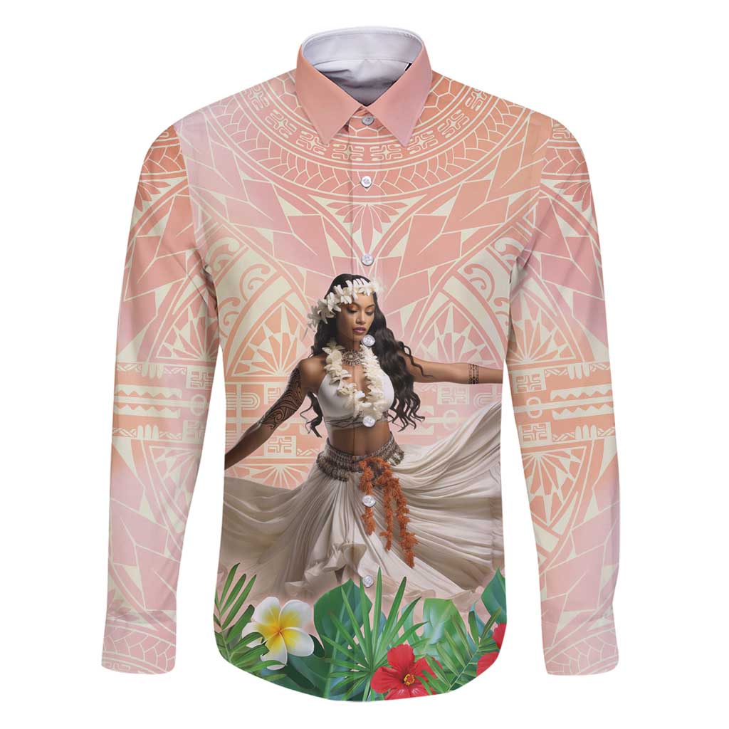 Woman Polynesian Tattoos Family Matching Puletasi and Hawaiian Shirt Tropical Flower - Peach Fuzz Color