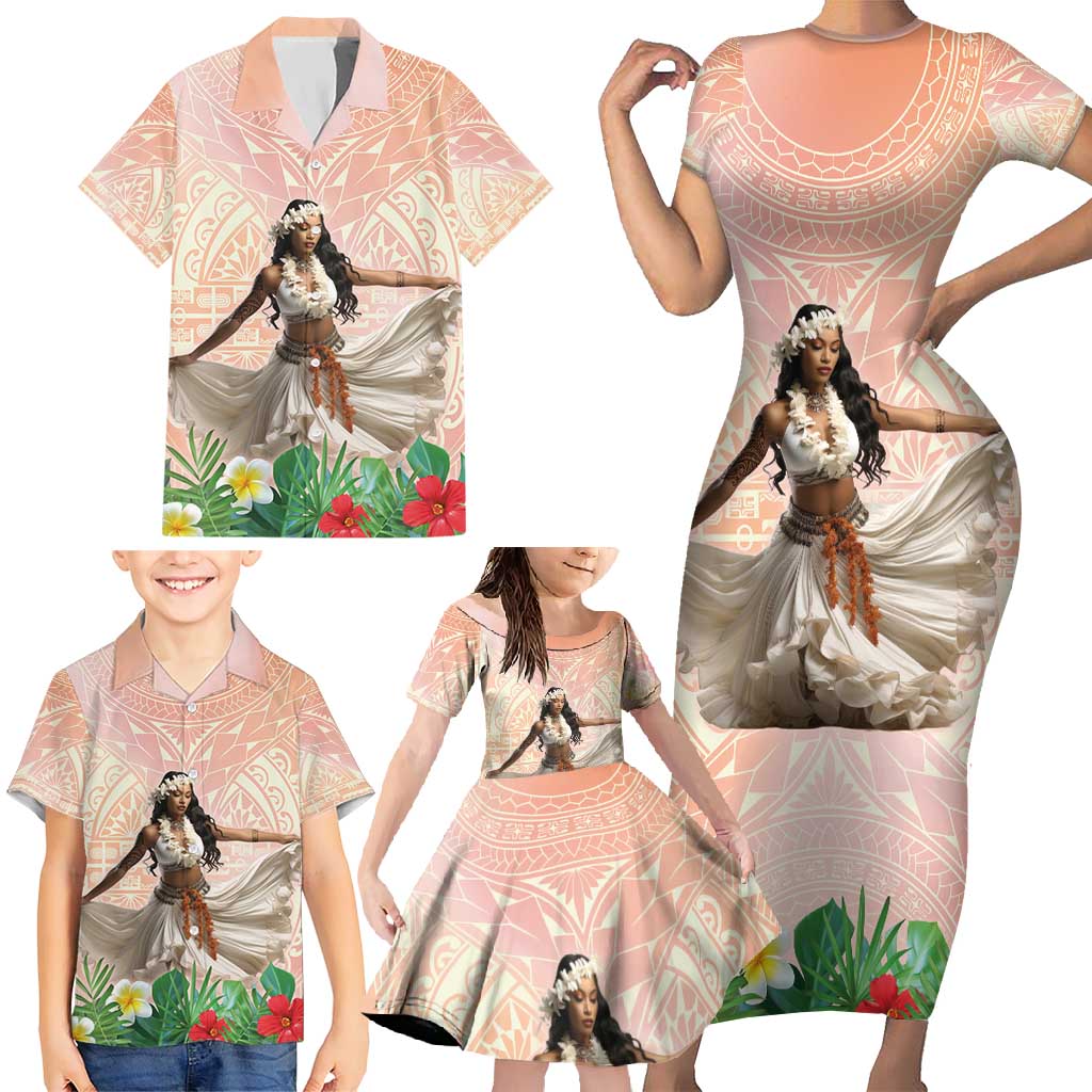 Woman Polynesian Tattoos Family Matching Short Sleeve Bodycon Dress and Hawaiian Shirt Tropical Flower - Peach Fuzz Color