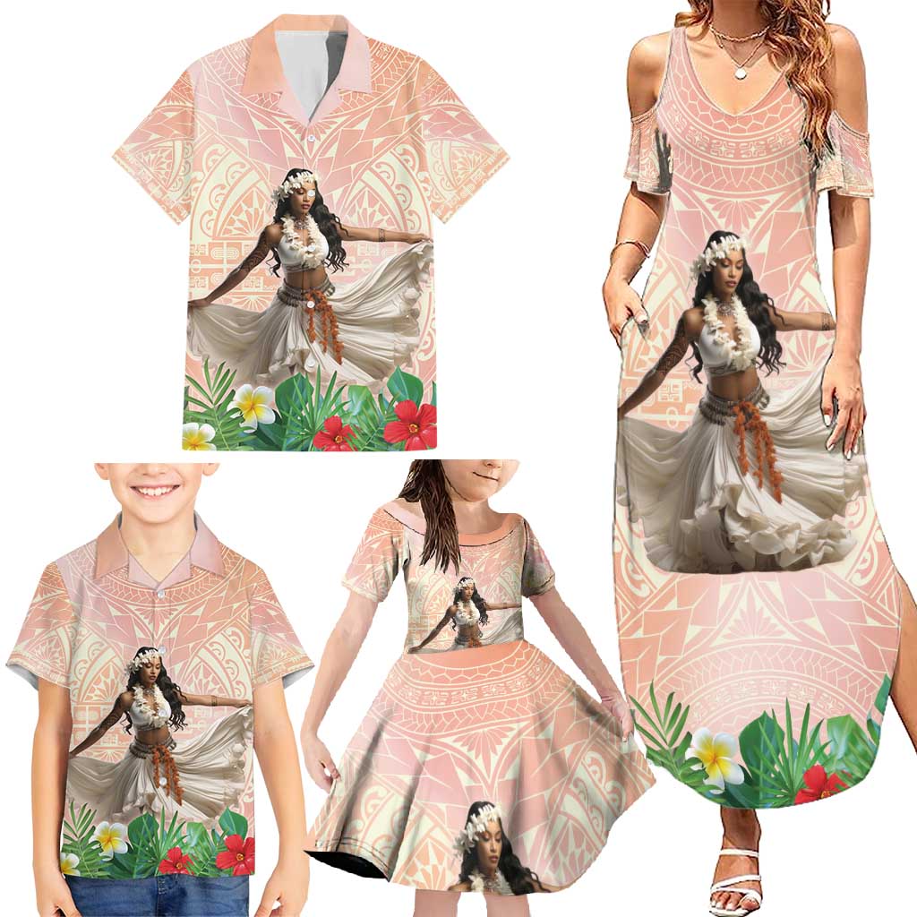 Woman Polynesian Tattoos Family Matching Summer Maxi Dress and Hawaiian Shirt Tropical Flower - Peach Fuzz Color