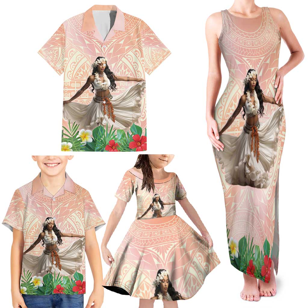 Woman Polynesian Tattoos Family Matching Tank Maxi Dress and Hawaiian Shirt Tropical Flower - Peach Fuzz Color