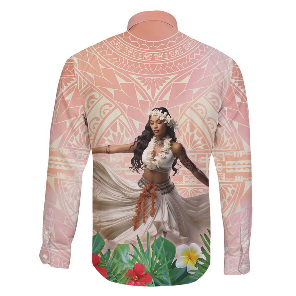 Woman Polynesian Tattoos Family Matching Tank Maxi Dress and Hawaiian Shirt Tropical Flower - Peach Fuzz Color
