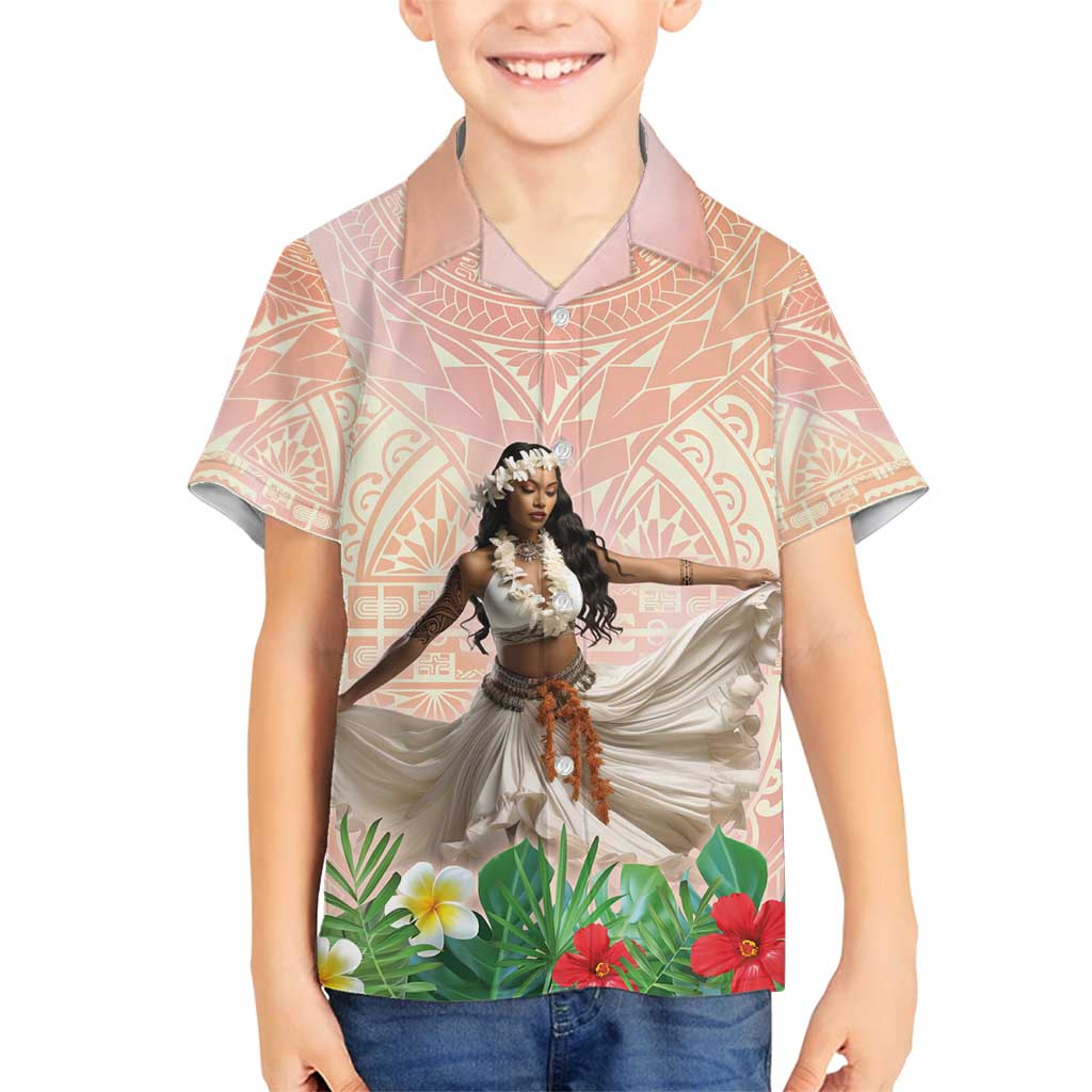 Woman Polynesian Tattoos Family Matching Tank Maxi Dress and Hawaiian Shirt Tropical Flower - Peach Fuzz Color